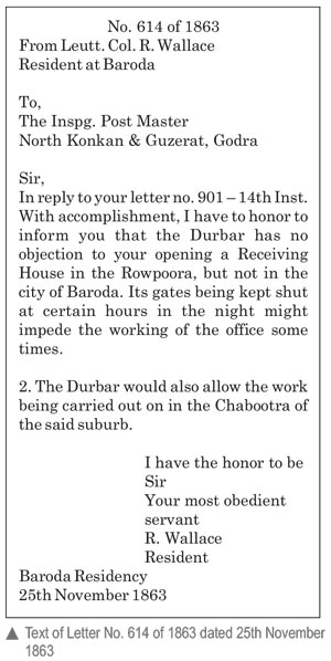 Letter from Leutt. Col. R. Wallace, Resident of Baroda to Inspg. Postmaster Gujarat